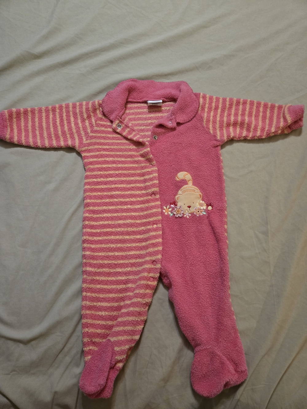 Vintage Carter's Pink Orange Stripe Cat Terry Cloth Baby Girl Sleeper 6-9 Months